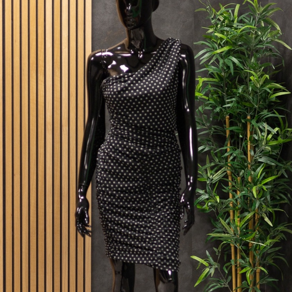 Love & Design Black Polka Dot Dress One Shoulder, Size L